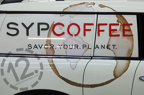 The advertising graphics on the SYPCOFFEE MINI Cooper. 12-Point SignWorks - Franklin TN
