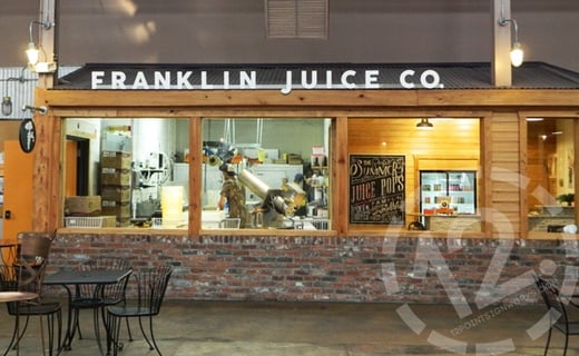 Rail mounted dimensional sign for Franklin Juice Co. by 12-Poin SignWorks.