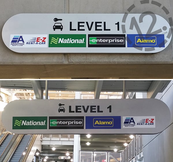 New graphics for Advantage Rent A Car wayfinding signage at the Nashville International Airport. 12-Point SignWorks