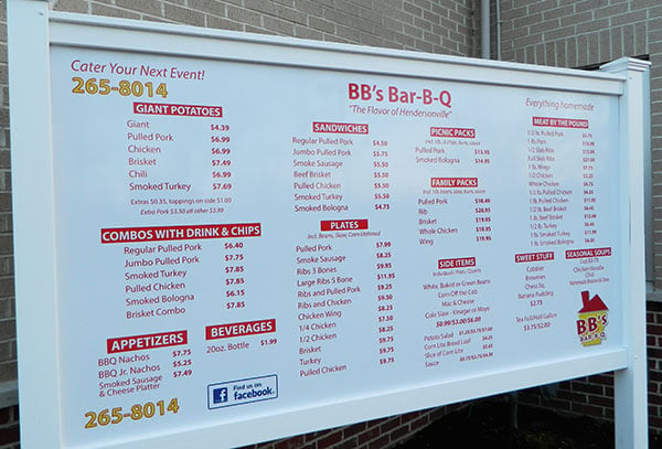 The 8' x 4' post and panel menu board for BB's Bar-B-Q in Hendersonville, TN. 12-Point SignWorks