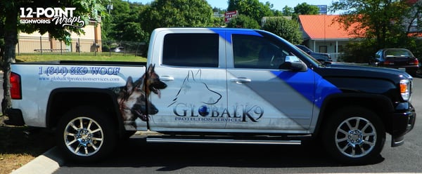 A partial advertising wrap for Global K9 Protective Services in Franklin, TN. 12-Point SignWorks