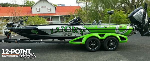 The completed Lucky Jerky advertising sponsor wrap for a 2016 Ranger Z521c Bass Boat. 12-Point SignWorks
