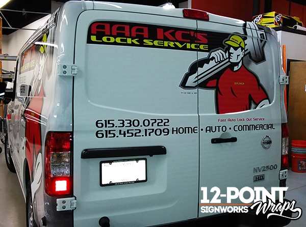 Custom partial advertising wrap for AAA KC's Lock Service's NV2500. 12-Point SignWorks - Franklin, TN