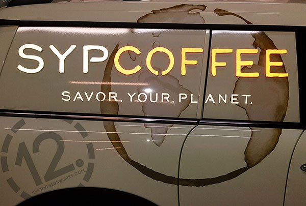 The reflective vinyl on the dimensional acrylic letters for the SYPCOFFEE MINI Cooper. 12-Point SignWorks - Franklin TN