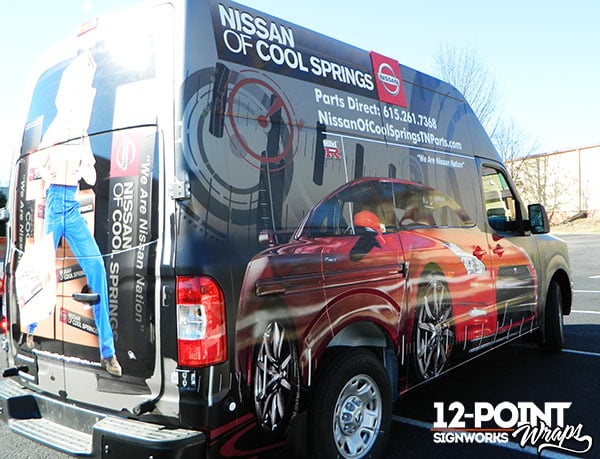 The side and rear of the Nissan NV2500 parts van for Nissan of Cool Springs. 12-Point SignWorks