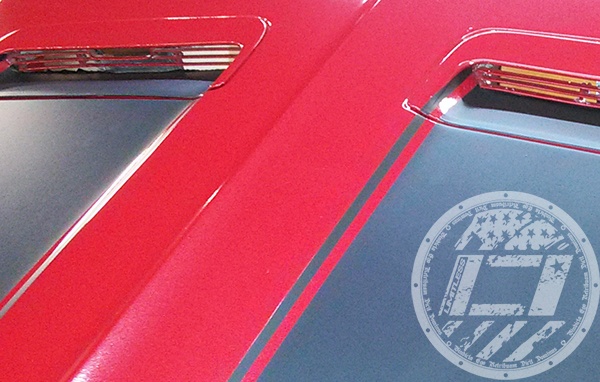 A close-up of the stripe detail on the hood of the '67 Mustang. Limitless Auto Wraps - Franklin, TN