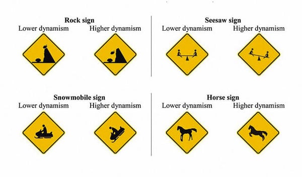 A variety of traffic signs altered to show more movement. 12-Point SignWorks