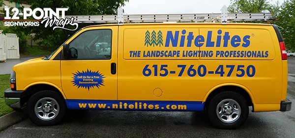 NiteLites graphics in brand colors on a fleet van. 12-Point SignWorks - Franklin TN