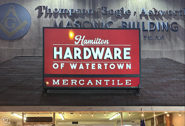 exterior mounted commercial sign that says hamilton hardware of watertown mercantile