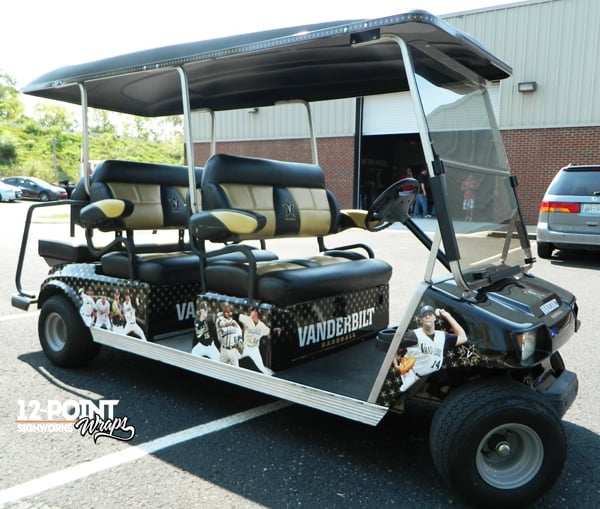 One side of the Vanderbilt baseball 6 passenger golf cart wrapped by 12-Point SignWorks.