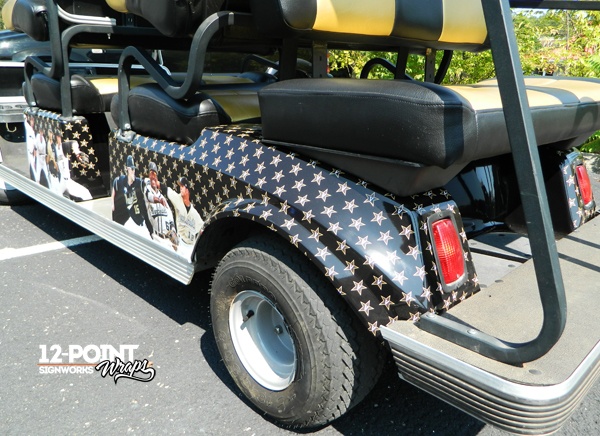 The rear of the 6 passenger golf cart wrapped by 12-Point SignWorks for Vanderbilt baseball.