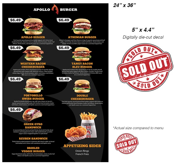 Proof for Apollo Burger food truck menu board and decals by 12-Point SignWorks.
