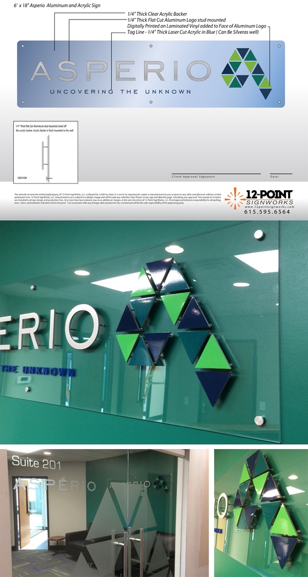 Proof and signage photos for the 3D acrylic logo sign for Asperio. 12-Point SignWorks