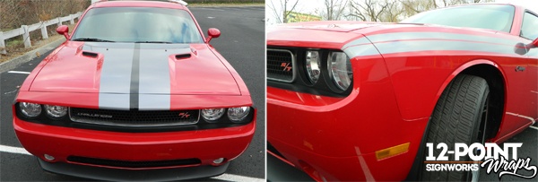 Custom stripes on a Challenger RT installed by 12-Point SignWorks in Franklin, TN.