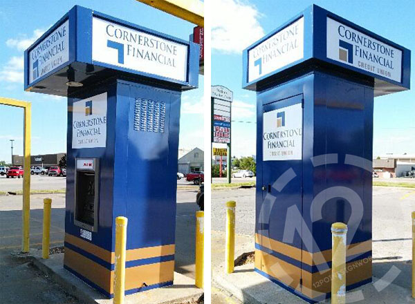 The fabricated metal kiosk for Cornerstone Financial. 12-Point SignWorks