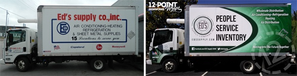 The before and after photos of a 16' Isuzu box truck for Ed's Supply Co. 12-Point SignWorks