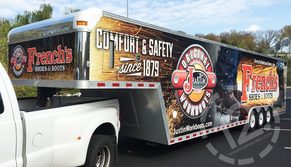 The 36' enclosed gooseneck trailer wrapped for French's Shoes & Boots by 12-Point SignWorks in Franklin, TN.