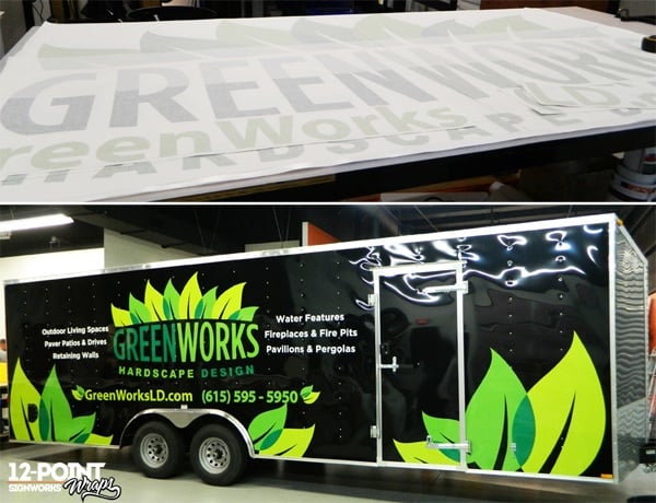Custom branding graphics for the GreenWorks site trailer by 12-Point SignWorks.
