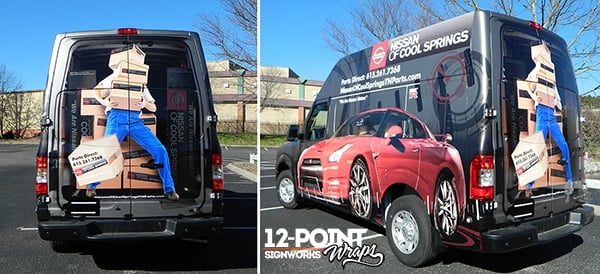 Custom wrap on a Nissan NV shop van for Nissan of Cool Springs. 12-Point SignWorks
