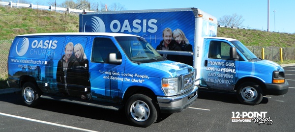 Advertising wraps for Oasis Church extended van and box truck. 12-Point SignWorks