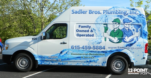 Custom advertising wrap for Sadler Bros. Plumbing by 12-Point SignWorks.