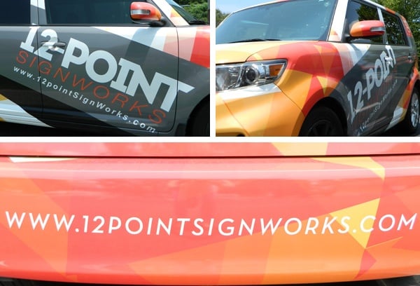 Photo collage of the new advertising wrap on the 12-Point SignWorks Scion.