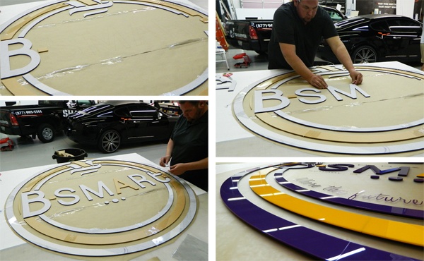 A collage of the B-SMaRt signage being placed on a template. 12-Point SignWorks