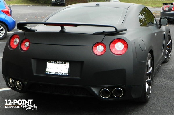 A view of the back of the completed Nissan GT-R by 12-Point SignWorks in Franklin, TN.