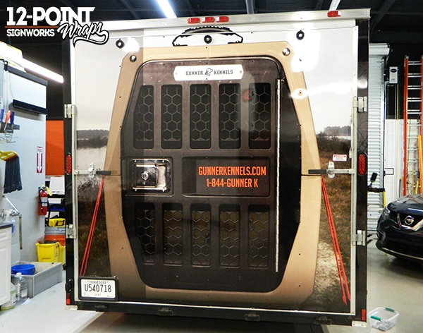 A view of the completed wrap on the rear of the Gunner Kennels trailer. 12-Point SignWorks