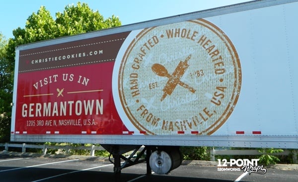 Partial advertising wrap on the Christie Cookie trailer. 12-Point SignWorks