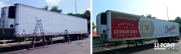 The before and after photos of the trailer in our 12-Point SignWorks parking lot in Franklin, TN.