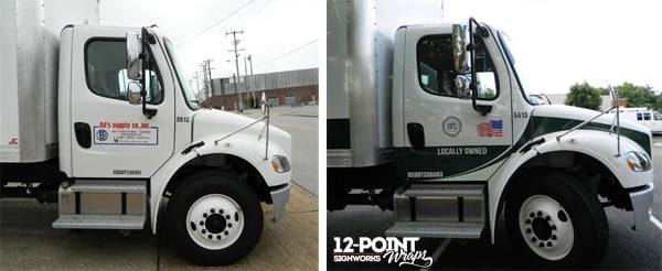 Before and after photos of the Ed's Supply Company cab and new wrap design by 12-Point SignWorks in Franklin, TN.