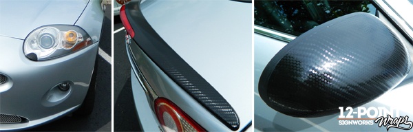 Black carbon fiber accents on a Jaguar installed by 12-Point SignWorks in Franklin, TN.
