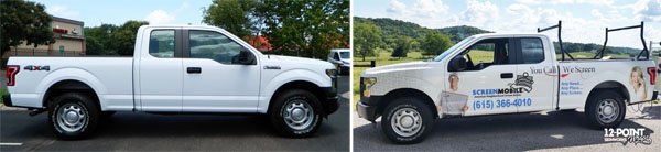 The 'before' and 'after' photos of the Screenmobile Ford F150. 12-Point SignWorks