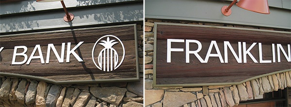 Featured photos of redwood logo sign for Franklin Synergy Bank in Westhaven. 12-Point SignWorks