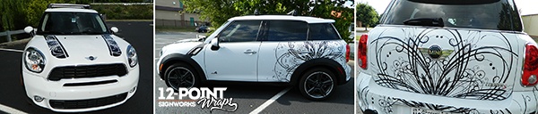 Different views of the custom car graphics on a Mini Cooper. 12-Point SignWorks