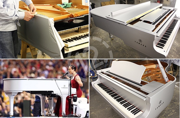 The collection of photos showing the transformation of the Yamaha piano from black to matte metal silver. 12-Point SignWorks