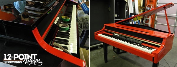 The wrapped piano for Kelly Clarkson's Christmas special. 12-Point SignWorks