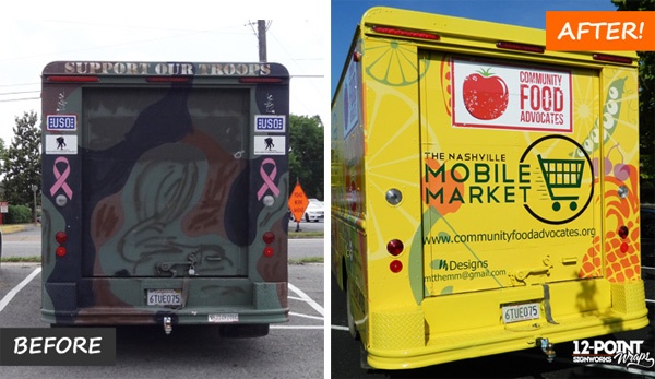 Before and After pictures of the rear of the Mobile Market food truck. 12-Point SignWorks