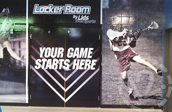 Wall and door wrap for the LIDS Locker Room for A-GAME in Franklin, TN. 12-Point SignWorks