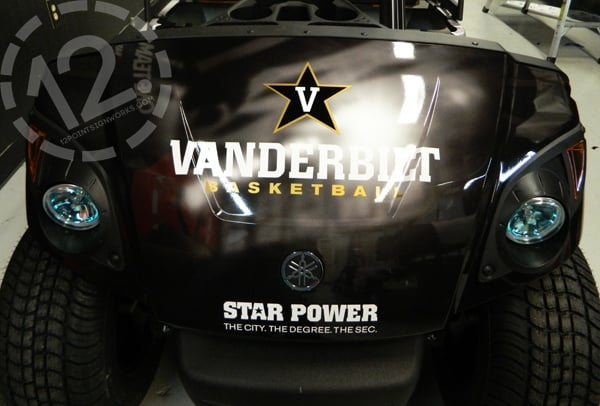 The installed vinyl graphics for the front of the Vanderbilt basketball golf cart. 12-Point SignWorks