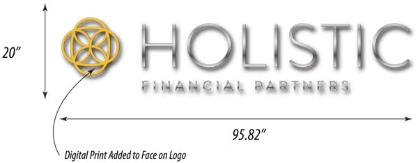 The dimensional sign proof for the 96" wide Holistic Financial Partners sign. 12-Point SignWorks