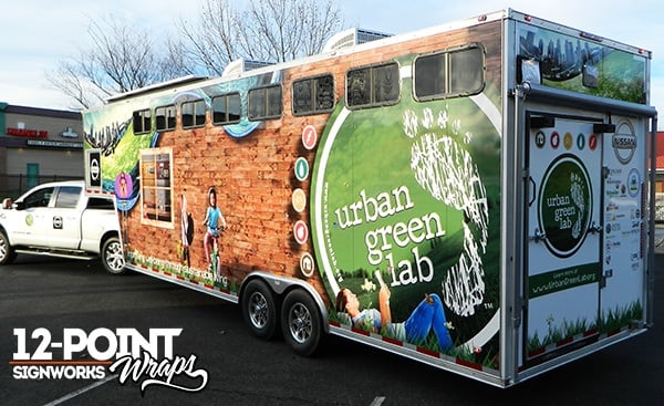 The driver's side and rear of the custom trailer wrap for the Urban Green Lab's mobile lab. 12-Point SignWorks