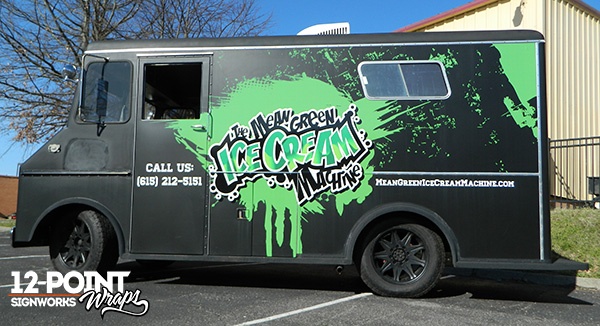 The installed graphics on the driver's side of The Mean Green Ice Cream Machine. 12-Point SignWorks