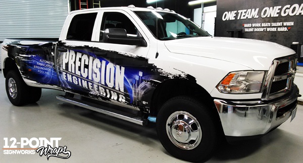 One completed partial advertising wrap for Precision Engineering in our 12-Point SignWorks shop. 