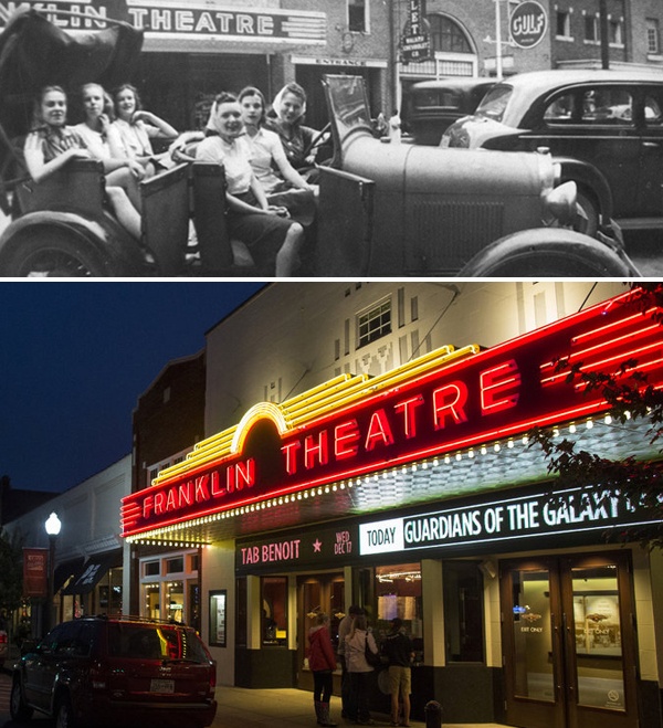 An image showing the original Franklin Theatre marquee and the new marquee in downtown Franklin, TN. 12-Point SignWorks