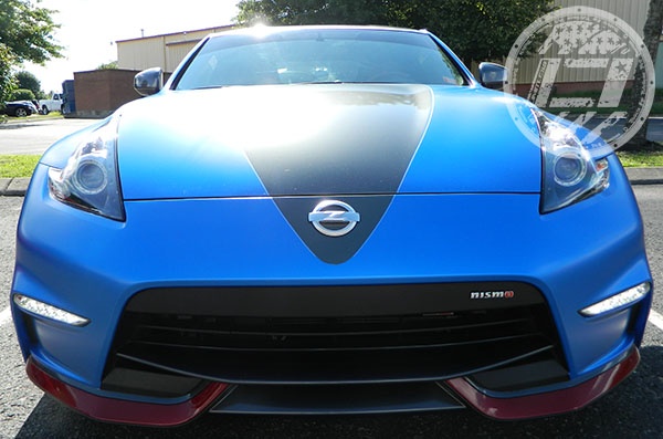 The front of the NISMO with the completed wrap and accent stripes. Limitless Auto Wraps - Franklin TN