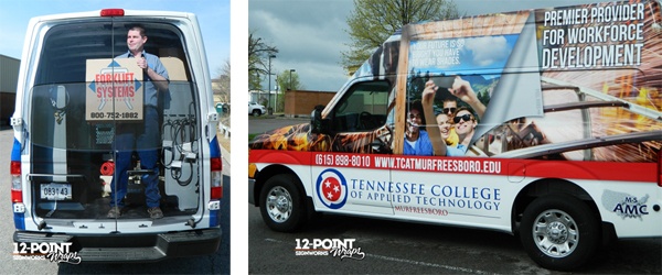 Wrap designs for Forklift Systems and TCAT on their Nissan NV vans by 12-Point SignWorks.