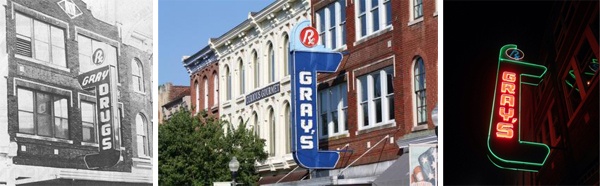 The original Gray's Drug Co. sign and the new GRAY'S on Main sign. 12-Point SignWorks