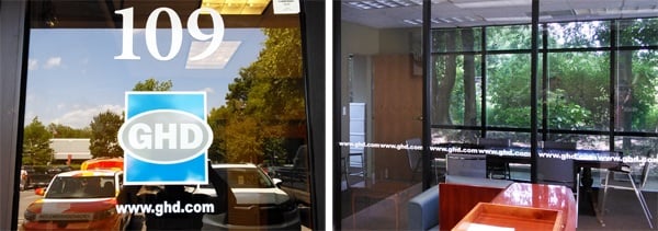 A combination of photos showing the door decals and the repeating website decals. 12-Point SignWorks